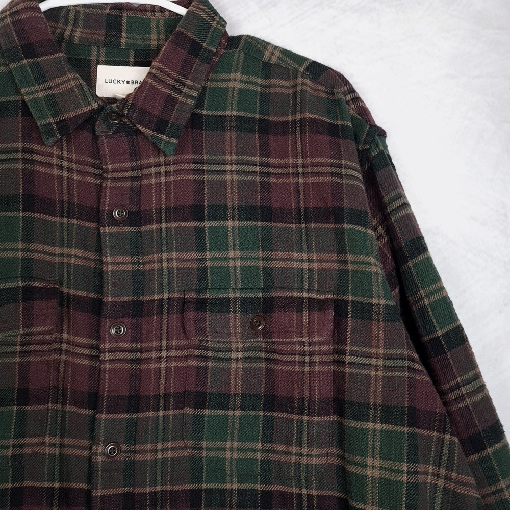 Lucky Brand Flannel Shirt Mens Large Green Burgundy Plaid Button Up Heavyweight - Picture 5 of 16